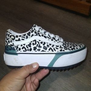 Vans Old Skool Stacked White & Black Leopard Platform Shoes